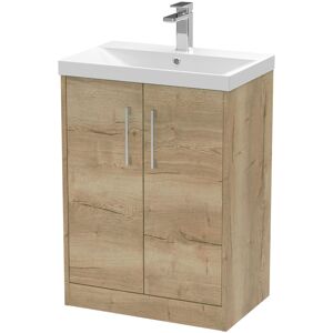 Juno Autumn Oak Woodgrain 600mm Floor Standing 2 Door Vanity Unit and Thin Edge Ceramic Basin - JNU1803D - Hudson Reed Juno Autumn Oak Woodgrain 600mm Floor Standing 2 Door Vanity Unit and Thin Edge Ceramic Basin - JNU1803D - Hudson Reed