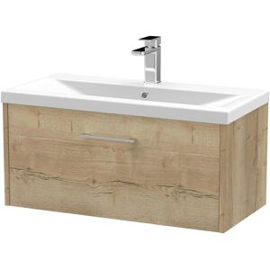 Juno Autumn Oak Woodgrain 800mm Wall Hung Single Drawer Vanity Unit and Mid Edge Ceramic Basin - JNU1825A - Hudson Reed Juno Autumn Oak Woodgrain 800mm Wall Hung Single Drawer Vanity Unit and Mid Edge Ceramic Basin - JNU1825A - Hudson Reed