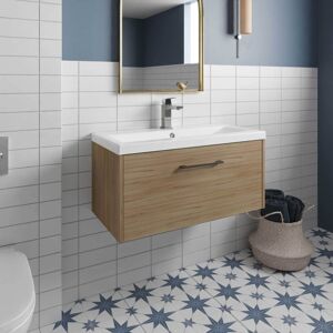 Juno Autumn Oak Woodgrain 800mm Wall Hung Single Drawer Vanity Unit and Curved Ceramic Basin - JNU1825G - Hudson Reed Juno Autumn Oak Woodgrain 800mm Wall Hung Single Drawer Vanity Unit and Curved Ceramic Basin - JNU1825G - Hudson Reed