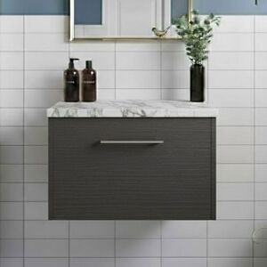 Hudson Reed Juno Wall Hung 1-Drawer Vanity Unit with Carrera Marble Worktop 600mm Wide - Graphite Grey Woodgrain Hudson Reed Juno Wall Hung 1-Drawer Vanity Unit with Carrera Marble Worktop 600mm Wide - Graphite Grey Woodgrain