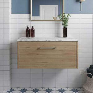 Hudson Reed - Juno Wall Hung 1-Drawer Vanity with Carrera Marble Worktop 800mm Wide - Autumn Oak Hudson Reed - Juno Wall Hung 1-Drawer Vanity with Carrera Marble Worktop 800mm Wide - Autumn Oak