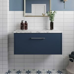 Hudson Reed - Juno Wall Hung 1-Drawer Vanity with Carrera Marble Worktop 800mm Wide - Midnight Blue Hudson Reed - Juno Wall Hung 1-Drawer Vanity with Carrera Marble Worktop 800mm Wide - Midnight Blue