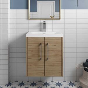 Hudson Reed - Juno Wall Hung 2-Door Vanity Unit with Basin 3 500mm Wide - Autumn Oak Hudson Reed - Juno Wall Hung 2-Door Vanity Unit with Basin 3 500mm Wide - Autumn Oak