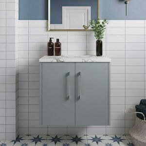 Hudson Reed - Juno Wall Hung 2-Door Vanity Unit with Carrera Marble Worktop 600mm Wide - Coastal Grey Hudson Reed - Juno Wall Hung 2-Door Vanity Unit with Carrera Marble Worktop 600mm Wide - Coastal Grey