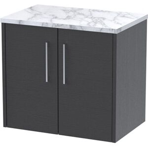 Hudson Reed - Juno Wall Hung 2-Door Vanity Unit with Carrera Marble Worktop 600mm Wide - Graphite Grey Woodgrain Hudson Reed - Juno Wall Hung 2-Door Vanity Unit with Carrera Marble Worktop 600mm Wide - Graphite Grey Woodgrain