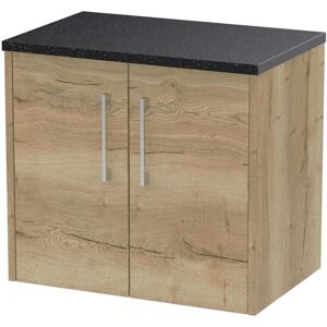 Hudson Reed - Juno Autumn Oak Woodgrain 600mm Wall Hung 2 Door Vanity Unit with Black Sparkle Worktop - JNU1823LSB Hudson Reed - Juno Autumn Oak Woodgrain 600mm Wall Hung 2 Door Vanity Unit with Black Sparkle Worktop - JNU1823LSB