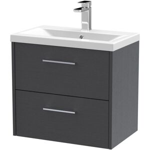Juno Graphite Grey Woodgrain 600mm Wall Hung 2 Drawer Vanity Unit and Mid Edge Ceramic Basin - JNU2224A - Hudson Reed Juno Graphite Grey Woodgrain 600mm Wall Hung 2 Drawer Vanity Unit and Mid Edge Ceramic Basin - JNU2224A - Hudson Reed