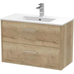 Juno Autumn Oak Woodgrain 800mm Wall Hung 2 Drawer Vanity Unit and Minimalist Ceramic Basin - JNU1826B - Hudson Reed Juno Autumn Oak Woodgrain 800mm Wall Hung 2 Drawer Vanity Unit and Minimalist Ceramic Basin - JNU1826B - Hudson Reed