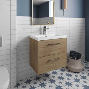 Hudson Reed Juno Autumn Oak Woodgrain 600mm Wall Hung 2 Drawer Vanity Unit and Thin Edge Ceramic Basin - JNU1824D Hudson Reed Juno Autumn Oak Woodgrain 600mm Wall Hung 2 Drawer Vanity Unit and Thin Edge Ceramic Basin - JNU1824D