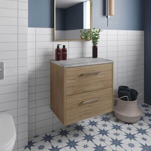 Hudson Reed - Juno Autumn Oak Woodgrain 600mm Wall Hung 2 Drawer Vanity Unit with Bellato Grey Worktop - JNU1824LBG Hudson Reed - Juno Autumn Oak Woodgrain 600mm Wall Hung 2 Drawer Vanity Unit with Bellato Grey Worktop - JNU1824LBG