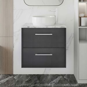 Hudson Reed Juno Wall Hung 2-Drawer Vanity Unit with Carrera Marble Worktop 600mm Wide - Graphite Grey Woodgrain Hudson Reed Juno Wall Hung 2-Drawer Vanity Unit with Carrera Marble Worktop 600mm Wide - Graphite Grey Woodgrain