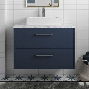 Hudson Reed - Juno Wall Hung 2-Drawer Vanity Unit with Carrera Marble Worktop 800mm Wide - Midnight Blue Hudson Reed - Juno Wall Hung 2-Drawer Vanity Unit with Carrera Marble Worktop 800mm Wide - Midnight Blue