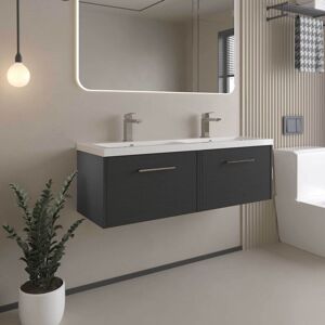 Juno Graphite Grey Woodgrain 1200mm Wall Hung 2 Drawer Vanity Unit and Twin Ceramic Basins - JNU2222F - Hudson Reed Juno Graphite Grey Woodgrain 1200mm Wall Hung 2 Drawer Vanity Unit and Twin Ceramic Basins - JNU2222F - Hudson Reed