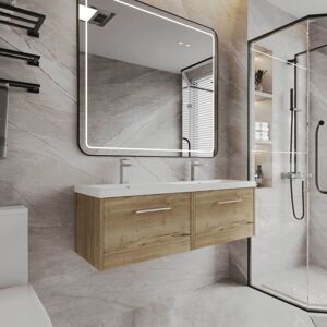 Juno Autumn Oak Woodgrain 1200mm Wall Hung 2 Drawer Vanity Unit and Twin Polymarble Basins - JNU1822C - Hudson Reed Juno Autumn Oak Woodgrain 1200mm Wall Hung 2 Drawer Vanity Unit and Twin Polymarble Basins - JNU1822C - Hudson Reed