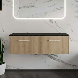Hudson Reed - Juno Autumn Oak Woodgrain 1200mm Wall Hung 2 Drawer Vanity Unit with Black Sparkle Worktop - JNU1822LSB2 Hudson Reed - Juno Autumn Oak Woodgrain 1200mm Wall Hung 2 Drawer Vanity Unit with Black Sparkle Worktop - JNU1822LSB2