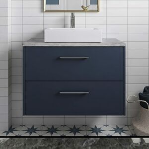 Hudson Reed - Juno Wall Hung 2-Drawer Vanity Unit with Bellato Grey Worktop 800mm Wide - Midnight Blue Hudson Reed - Juno Wall Hung 2-Drawer Vanity Unit with Bellato Grey Worktop 800mm Wide - Midnight Blue