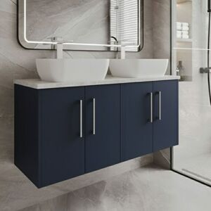 Hudson Reed - Juno Wall Hung 4-Door Vanity Unit with Bellato Grey Worktop 1200mm Wide - Midnight Blue Hudson Reed - Juno Wall Hung 4-Door Vanity Unit with Bellato Grey Worktop 1200mm Wide - Midnight Blue