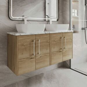 Hudson Reed - Juno Wall Hung 4-Door Vanity Unit with Carrera Marble Worktop 1200mm Wide - Autumn Oak Hudson Reed - Juno Wall Hung 4-Door Vanity Unit with Carrera Marble Worktop 1200mm Wide - Autumn Oak