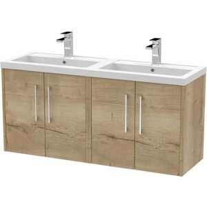 Juno Autumn Oak Woodgrain 1200mm Wall Hung 4 Door Vanity Unit and Twin Polymarble Basins - JNU1823C - Hudson Reed Juno Autumn Oak Woodgrain 1200mm Wall Hung 4 Door Vanity Unit and Twin Polymarble Basins - JNU1823C - Hudson Reed