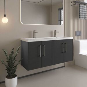 Juno Graphite Grey Woodgrain 1200mm Wall Hung 4 Door Vanity Unit and Twin Polymarble Basins - JNU2223C - Hudson Reed Juno Graphite Grey Woodgrain 1200mm Wall Hung 4 Door Vanity Unit and Twin Polymarble Basins - JNU2223C - Hudson Reed