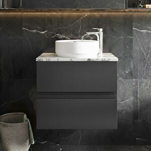 Hudson Reed - Urban Wall Hung 2-Drawer Vanity Unit with Carrera Marble Worktop 600mm Wide - Satin Anthracite Hudson Reed - Urban Wall Hung 2-Drawer Vanity Unit with Carrera Marble Worktop 600mm Wide - Satin Anthracite