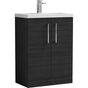 BALTERLEY Compact Floor Standing 2 Door Vanity Basin Unit with Polymarble Basin - 600mm - Woodgrain Charcoal Black BALTERLEY Compact Floor Standing 2 Door Vanity Basin Unit with Polymarble Basin - 600mm - Woodgrain Charcoal Black