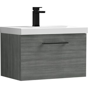 Balterley 600mm Wall Hung Bathroom 1 Drawer Vanity Unit and 1 Tap Hole Ceramic Basin, Woodgrain Anthracite with Black Handle Balterley 600mm Wall Hung Bathroom 1 Drawer Vanity Unit and 1 Tap Hole Ceramic Basin, Woodgrain Anthracite with Black Handle