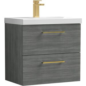 Balterley 600mm Wall Hung Bathroom 2 Drawer Vanity Unit & 1 Tap Hole Ceramic Basin, Woodgrain Anthracite & Brushed Brass Handles Balterley 600mm Wall Hung Bathroom 2 Drawer Vanity Unit & 1 Tap Hole Ceramic Basin, Woodgrain Anthracite & Brushed Brass Handles