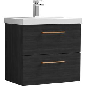 Balterley 600mm Wall Hung Bathroom 2 Drawer Vanity Unit and 1 Tap Hole Ceramic Basin, Woodgrain Black with Copper Handles Balterley 600mm Wall Hung Bathroom 2 Drawer Vanity Unit and 1 Tap Hole Ceramic Basin, Woodgrain Black with Copper Handles