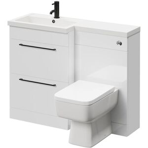 390 Combination Gloss White 1100mm Vanity Unit Toilet Suite with Left Hand l Shaped 1 Tap Hole Basin and 2 Drawers with Matt Black Handles - Napoli 390 Combination Gloss White 1100mm Vanity Unit Toilet Suite with Left Hand l Shaped 1 Tap Hole Basin and 2 Drawers with Matt Black Handles - Napoli