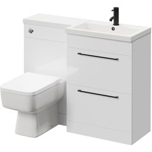 390 Combination Gloss White 1100mm Vanity Unit Toilet Suite with Right Hand l Shaped 1 Tap Hole Basin and 2 Drawers with Matt Black Handles - Napoli 390 Combination Gloss White 1100mm Vanity Unit Toilet Suite with Right Hand l Shaped 1 Tap Hole Basin and 2 Drawers with Matt Black Handles - Napoli