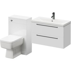 390 Gloss White 1300mm Wall Mounted Vanity Unit Toilet Suite with 1 Tap Hole Basin and 2 Drawers with Gunmetal Grey Handles - Napoli 390 Gloss White 1300mm Wall Mounted Vanity Unit Toilet Suite with 1 Tap Hole Basin and 2 Drawers with Gunmetal Grey Handles - Napoli