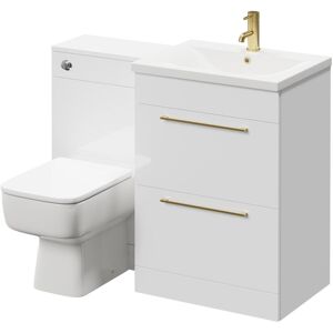 Gloss White 1100mm Vanity Unit Toilet Suite with 1 Tap Hole Basin and 2 Drawers with Brushed Brass Handles - Napoli Gloss White 1100mm Vanity Unit Toilet Suite with 1 Tap Hole Basin and 2 Drawers with Brushed Brass Handles - Napoli