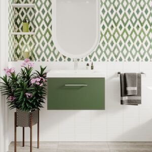 Nuie - Arno Wall Hung 1-Drawer Vanity Unit with Basin-1 600mm Wide - Satin Green Nuie - Arno Wall Hung 1-Drawer Vanity Unit with Basin-1 600mm Wide - Satin Green
