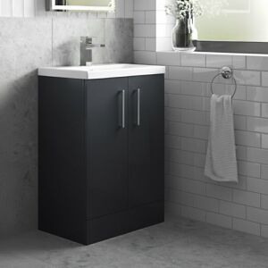 Nuie - Arno Compact Floor Standing 2-Door Vanity Unit with Ceramic Basin 500mm Wide - Satin Anthracite Nuie - Arno Compact Floor Standing 2-Door Vanity Unit with Ceramic Basin 500mm Wide - Satin Anthracite