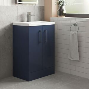Nuie - Arno Compact Floor Standing 2-Door Vanity Unit with Ceramic Basin 600mm Wide - Midnight Blue Nuie - Arno Compact Floor Standing 2-Door Vanity Unit with Ceramic Basin 600mm Wide - Midnight Blue