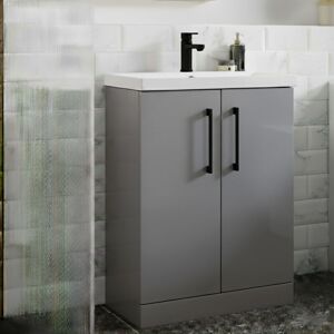 Nuie Arno Floor Standing 2-Door Vanity Unit with Basin-3 500mm Wide - Satin Grey Nuie Arno Floor Standing 2-Door Vanity Unit with Basin-3 500mm Wide - Satin Grey