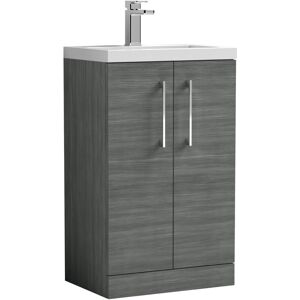 Nuie - Arno Compact Floor Standing 2-Door Vanity Unit with Ceramic Basin 500mm Wide - Anthracite Woodgrain Nuie - Arno Compact Floor Standing 2-Door Vanity Unit with Ceramic Basin 500mm Wide - Anthracite Woodgrain