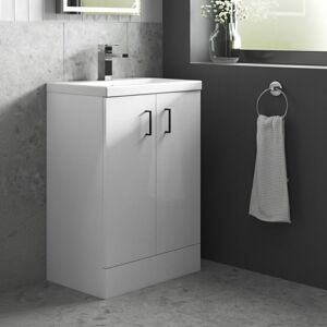Nuie - Arno Compact Floor Standing 2-Door Vanity Unit with Ceramic Basin 600mm Wide - Gloss White Nuie - Arno Compact Floor Standing 2-Door Vanity Unit with Ceramic Basin 600mm Wide - Gloss White