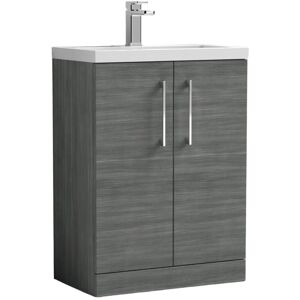 Nuie - Arno Compact Floor Standing 2-Door Vanity Unit with Ceramic Basin 600mm Wide - Anthracite Woodgrain Nuie - Arno Compact Floor Standing 2-Door Vanity Unit with Ceramic Basin 600mm Wide - Anthracite Woodgrain