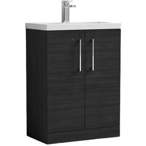 Nuie - Arno Compact Floor Standing 2-Door Vanity Unit with Ceramic Basin 600mm Wide - Charcoal Black Woodgrain Nuie - Arno Compact Floor Standing 2-Door Vanity Unit with Ceramic Basin 600mm Wide - Charcoal Black Woodgrain
