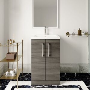 Nuie - Arno Compact Floor Standing 2-Door Vanity Unit with Polymarble Basin 500mm Wide - Anthracite Woodgrain Nuie - Arno Compact Floor Standing 2-Door Vanity Unit with Polymarble Basin 500mm Wide - Anthracite Woodgrain