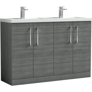 Nuie - Arno Floor Standing 4-Door Vanity Unit with Double Polymarble Basin 1200mm Wide - Anthracite Woodgrain Nuie - Arno Floor Standing 4-Door Vanity Unit with Double Polymarble Basin 1200mm Wide - Anthracite Woodgrain