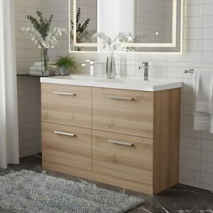 Nuie - Arno Floor Standing 4-Drawer Vanity Unit with Double Polymarble Basin 1200mm Wide - Bleached Oak Nuie - Arno Floor Standing 4-Drawer Vanity Unit with Double Polymarble Basin 1200mm Wide - Bleached Oak