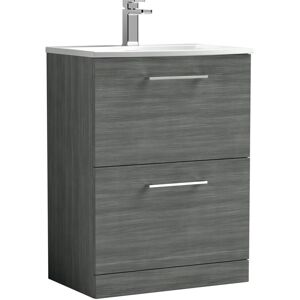 Nuie - Arno Floor Standing 2-Drawer Vanity Unit with Basin-4 600mm Wide - Anthracite Woodgrain Nuie - Arno Floor Standing 2-Drawer Vanity Unit with Basin-4 600mm Wide - Anthracite Woodgrain