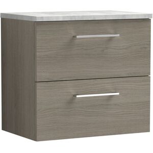 Arno Wall Hung 2-Drawer Vanity Unit with Bellato Grey Worktop 600mm Wide - Solace Oak Woodgrain - Nuie Arno Wall Hung 2-Drawer Vanity Unit with Bellato Grey Worktop 600mm Wide - Solace Oak Woodgrain - Nuie