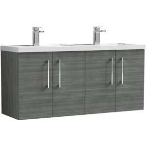 Nuie - Arno Anthracite Woodgrain 1200mm Wall Hung 4 Door Vanity Unit and Double Polymarble Basins - ARN523C Nuie - Arno Anthracite Woodgrain 1200mm Wall Hung 4 Door Vanity Unit and Double Polymarble Basins - ARN523C