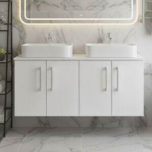 Nuie Arno Wall Hung 4-Door Vanity Unit with Worktop 1200mm Wide - Gloss White Nuie Arno Wall Hung 4-Door Vanity Unit with Worktop 1200mm Wide - Gloss White