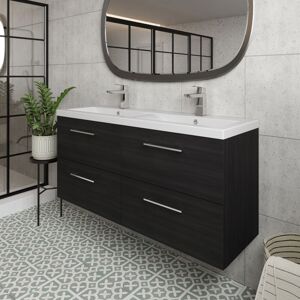 Nuie - Arno Charcoal Black Woodgrain 1200mm Wall Hung 4 Drawer Vanity Unit with Double Ceramic Basins - ARN624F Nuie - Arno Charcoal Black Woodgrain 1200mm Wall Hung 4 Drawer Vanity Unit with Double Ceramic Basins - ARN624F