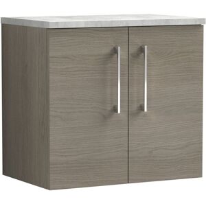 Arno Wall Hung 2-Door Vanity Unit with Bellato Grey Worktop 600mm Wide - Solace Oak Woodgrain - Nuie Arno Wall Hung 2-Door Vanity Unit with Bellato Grey Worktop 600mm Wide - Solace Oak Woodgrain - Nuie